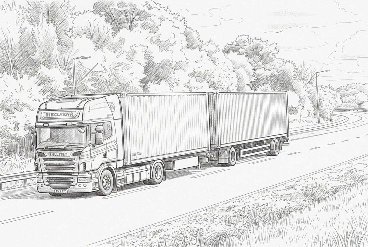 Articulated lorry and trailer carrying a 40ft shipping container