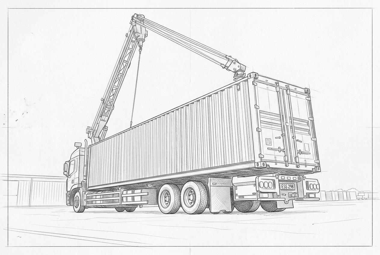 Crane lorry lowering a shipping container onto a prepared site