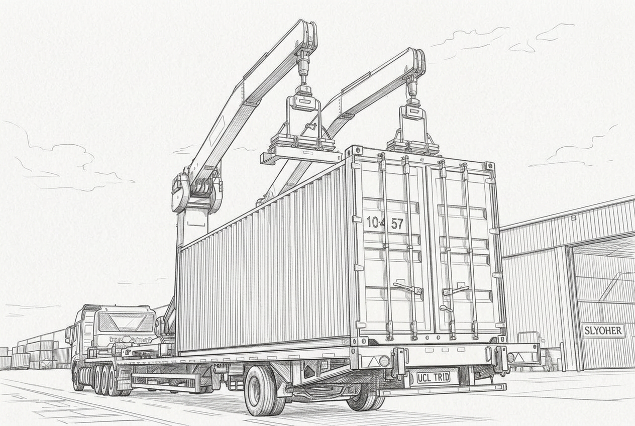 Specialist trailer with dual hydraulic cranes lifting a loaded shipping container